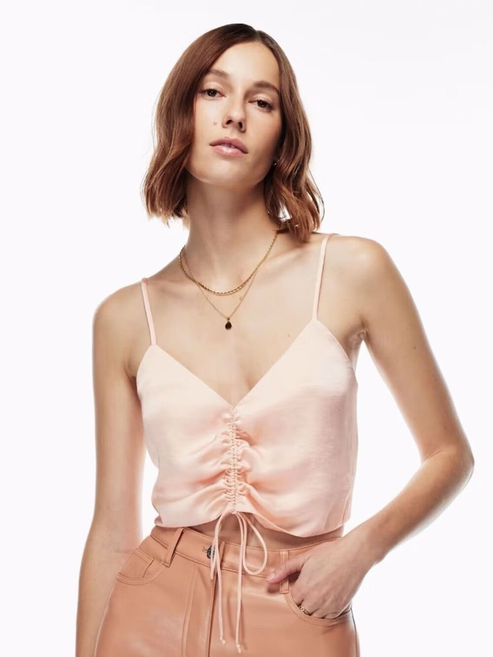 Aritzia Wilfred Womens Verso Camisole Ruched Satin Tank Top Coral Blush Size S